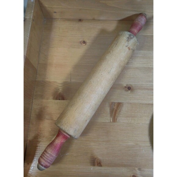 Vintage Wood Rolling Pin Red Handles 17" Farmhouse Primitive Kitchen Rustic - Picture 2 of 7